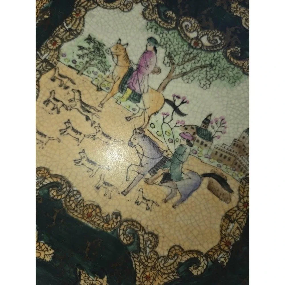Vintage Chinese Crackle Glaze Decorative Plate Fox Hunt and Matching Bowl w/ Lid